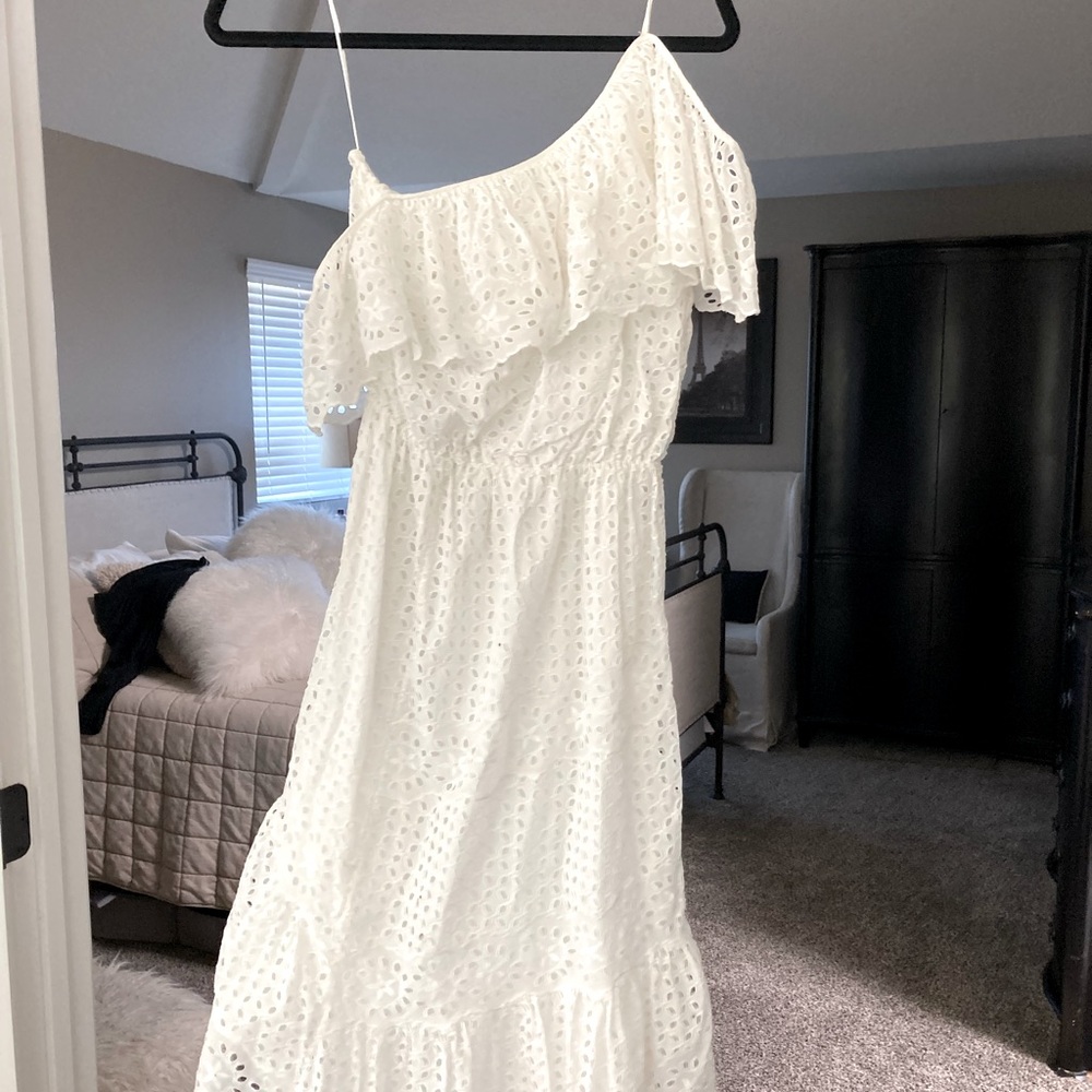 Joie asymmetrical cold shoulder lace dress